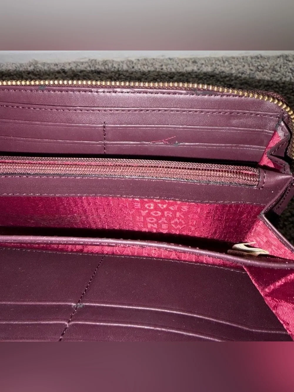 kate spade Burgundy Patent Zip-Around Wallet with Gold Plaque